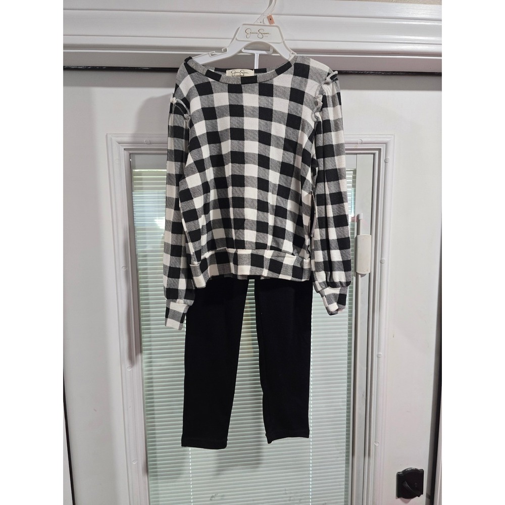 New Jessica Simpson Girls 6 Buffalo Plaid Ruffle Top & Legging 2 Piece Set Black